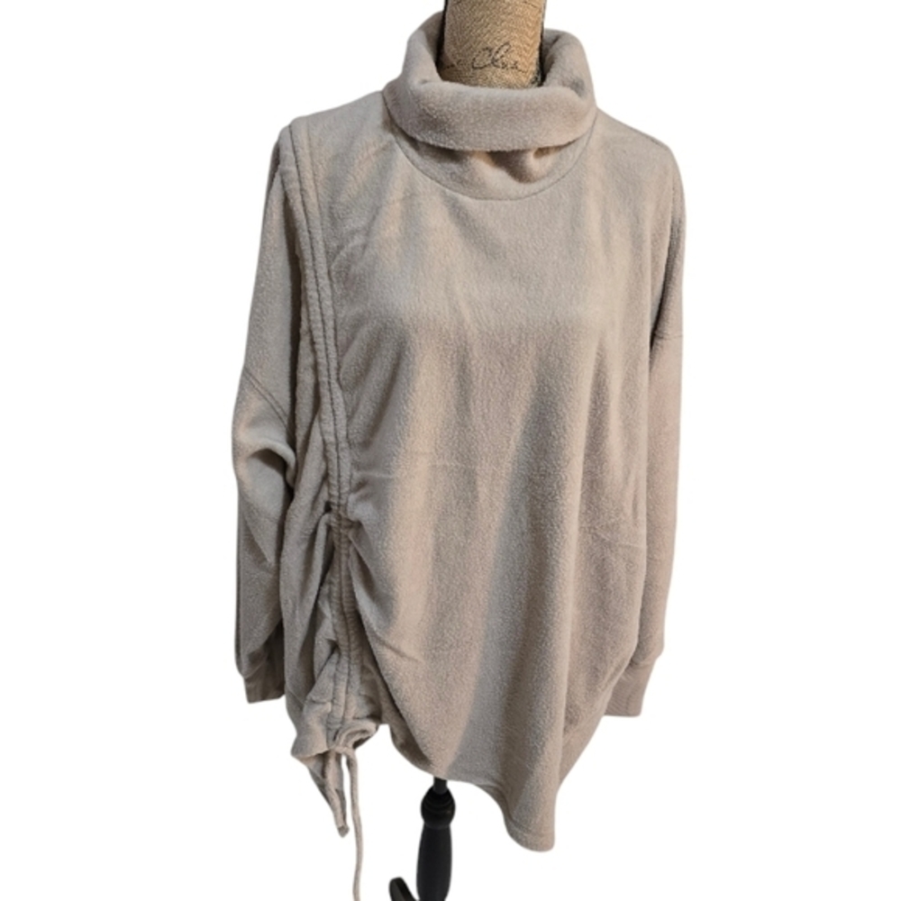 Tahari Tan Funnel Neck Pullover Tunic Top with Drawstring Detail, Loungewear 3X